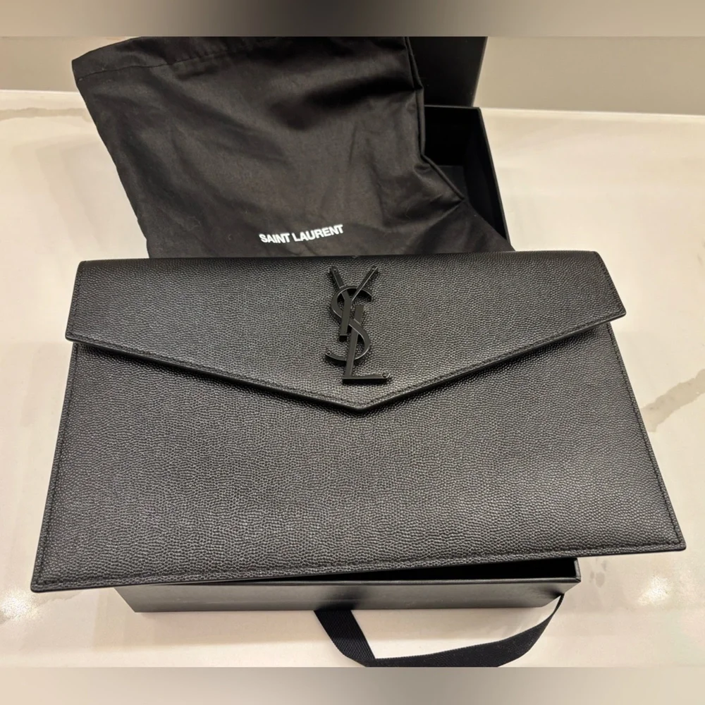 Saint Laurent Black Leather Envelope Clutch - Picture 2 of 8